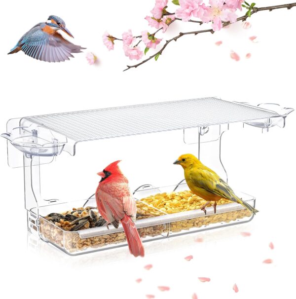 WELDUN Window Bird Feeders for Small Birds with 2 dividers, Clear Bird Feeder Bird House Outside Wild Bird Watching for Garden, Yard, Elderly Kids Viewing