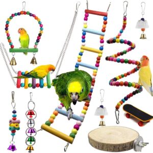 10Pack Pet Bird Toys Bead Swing Bell String Wood Nibble Skewer Bridge Ladder Station Board Platform Skateboard Cage Accessories for Parrot Macaw Parakeet Conure Cockatiel Budgie & Lovebirds Gift