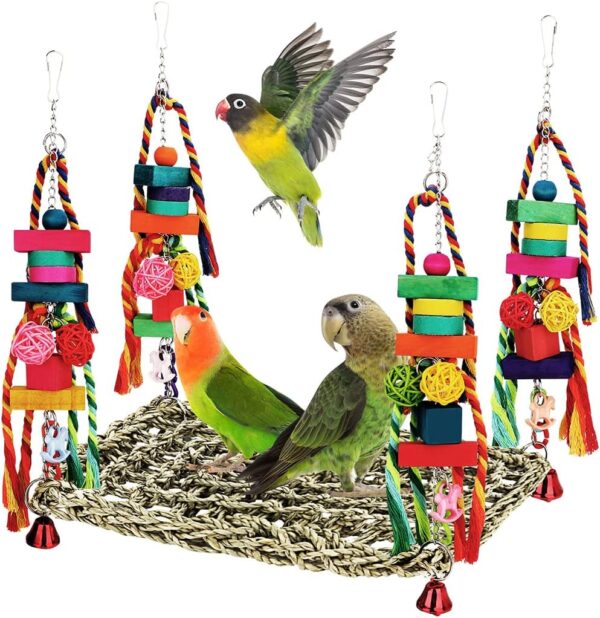 Bird Toys Parakeet Toys Conure Toys Bird Foraging Wall Toy,Seagrass Woven Hammock Swing Mat for Climb Perch Swing with Colorful Wooden Chewing Toys for Lovebirds,Parakeets,Conure,Cockatiel (Large)