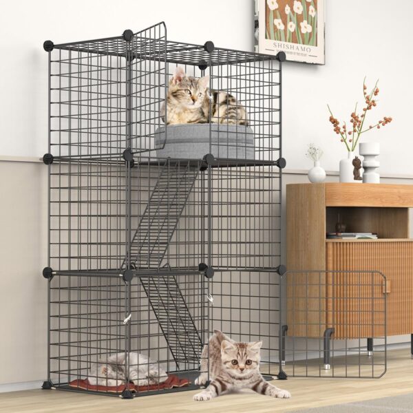 ybaymy 3 Tier Indoor Cat Cage Large DIY Cat Enclosure Small Animals Cages with 3 Doors, 2 Ladders 109 x 75 x 39 cm Anti-jumping Kitten Crate Indoor Use Pet Cages for Cats, Bunny, Chinchilla, Black