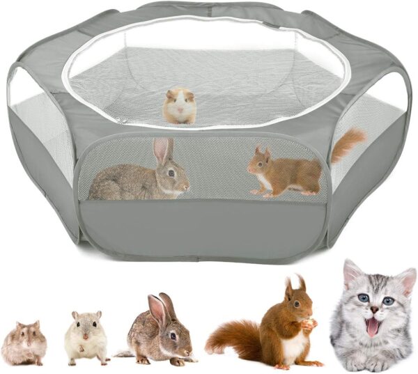 VavoPaw Small Animal Kitten Playpen, Pet Exercise Fence Waterproof with Zippered Cover, Pet Cage Tent, Small Yard Fence for Guinea Pig, Cat, Rabbit, Hamster, Chinchillas, Hedgehogs, Gray