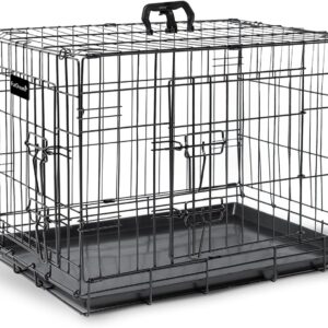 Furdreams 24-Inch Dog Cage Crate – Heavy Duty Black Metal Folding Crate with 2 Doors (Front & Side), Chew-Resistant Plastic Base Tray, and Carrier Handle – Ideal for Puppy Training (60 x 45 x 50cm)