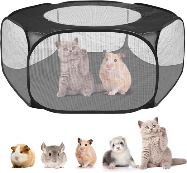 Small Animals Playpen Tent Cage, Pet Tent Pop Up Pet Playpen with Top Cover, Portable Dog Cat Play Pen for Guinea Pig, Puppy, Kitten, Rabbits, Hamster, Chinchilla, Hedgehogs (Black)