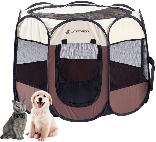 Foldable Portable Pet Playpen, Soft Pop up Pet Playpens for Puppy Dog Kitten Cat, Lightweight Fabric Playpen with Breathable Mesh, Pet Cage for Indoor and Outdoor Use (29 x 29 x 17 in, Coffee)