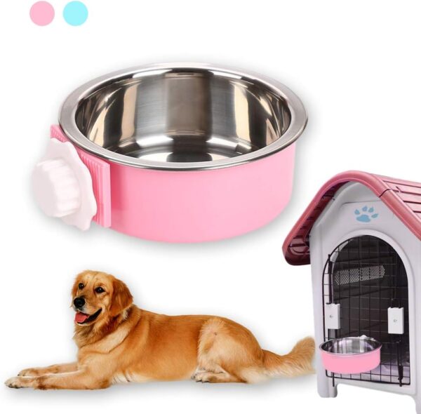 Dog Hanging Bowl 2-in-1 Removable Stainless Steel Food Hanging Bowl for Puppy/Cat, Andiker Pet Bowl Hanging Cage Large Water Food Feeder for Dogs Cats (small, pink)