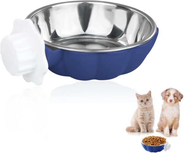 FuninCrea 2-in-1 Pet Crate Bowl for Crates Cages Removable Crate Water Bowl Creative Cute Pumpkin Stainless Steel Pet Hanging Bowl Small Cage Dog Bowl for Puppies Cats Small Animals (Large, Blue)