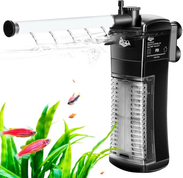 AQQA Internal Fish Tank Filter, 3 in 1 Submersible Aquarium Filter Pump with Adjustable Water Flow,Ultra Silent Biochemical Filtration Powerful Pump for 15-40L Aquariums(S)