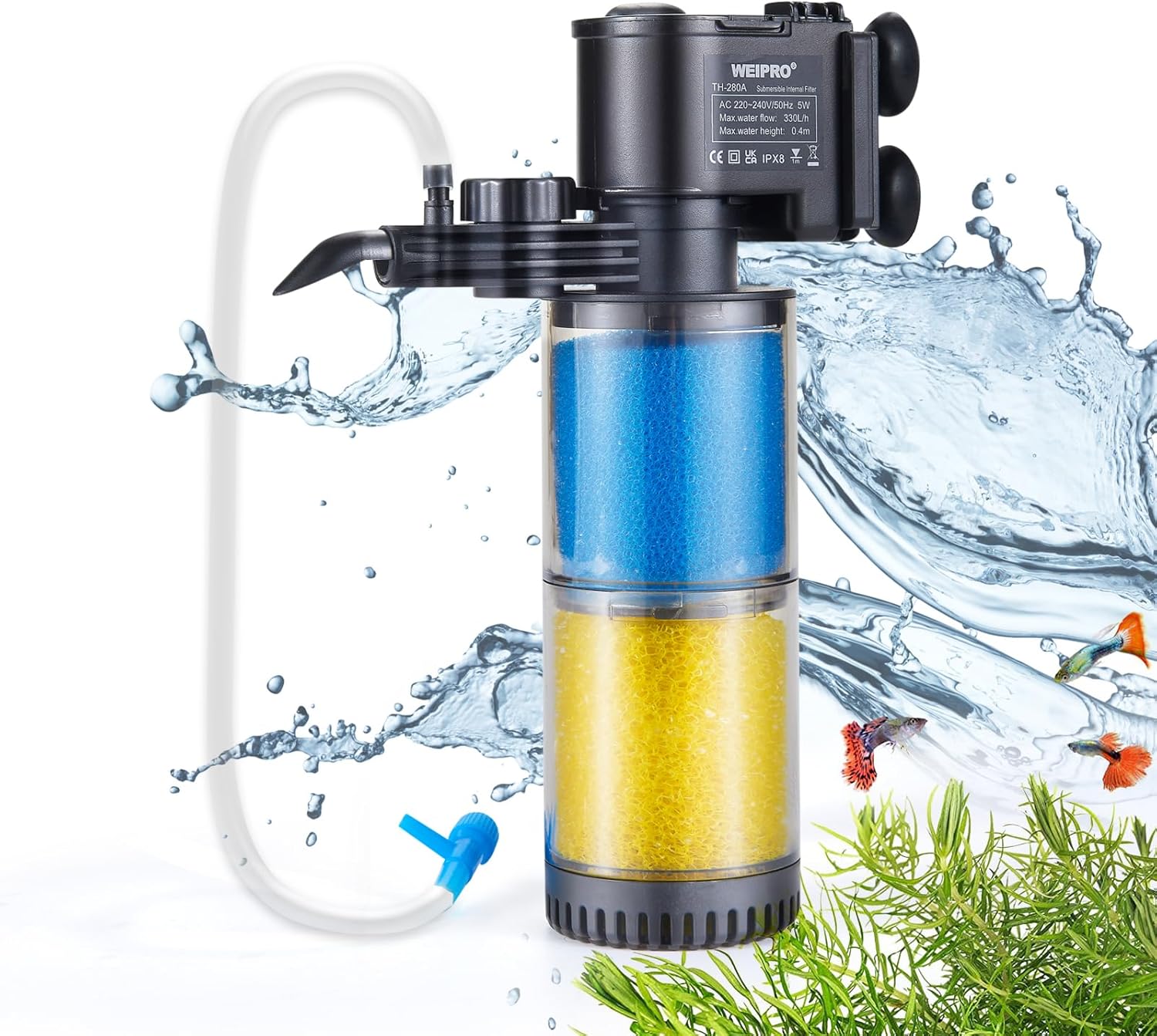 Weipro Internal Fish Tank Filter, 2-Stage Biochemical Sponge Filtration System, 5W Adjustable Water Flow Submersible Aquarium Filter Pump for 30l~80l Tropical Fish Tank, TH280A(330L/H)