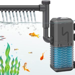 YOPOTIKA Fish Tank Filter, 4- in- 1 Internal Aquarium Filter Pump with Spray Bar, Cleans Water, 6W 600L/ H Silent Submersible Filter for Small Tank Up to 150 Litres