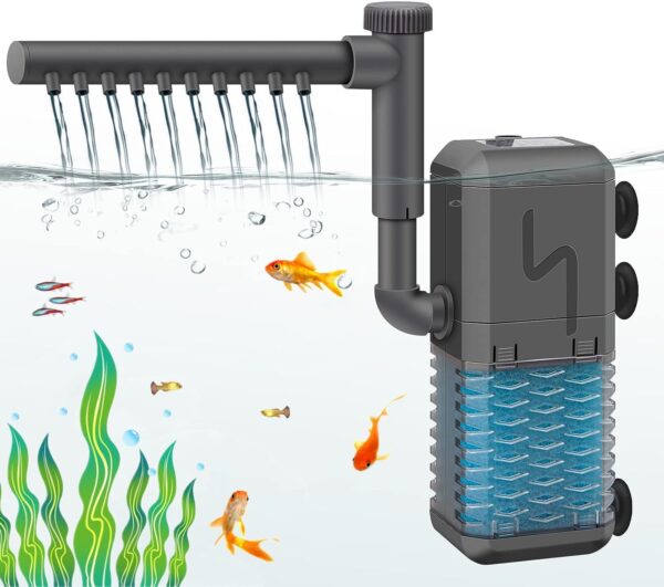 YOPOTIKA Fish Tank Filter, 4- in- 1 Internal Aquarium Filter Pump with Spray Bar, Cleans Water, 6W 600L/ H Silent Submersible Filter for Small Tank Up to 150 Litres