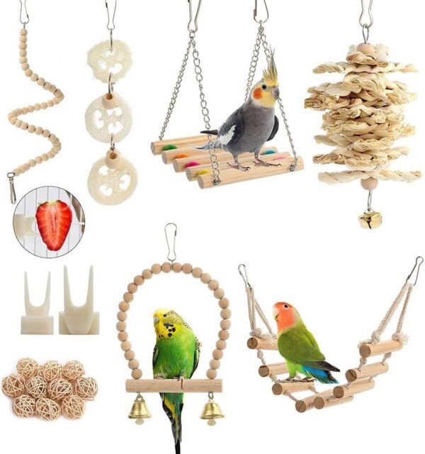 18 pcs Bird Toys Parakeet Toys Bird Cage Accessories Parrot Swing Chewing Standing Hanging Perch Hammock Climbing Ladder for Budgerigar,Parakeet,Conure,Cockatiel,Mynah,Love Birds,Finches