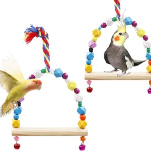 2 Pack Bird Swing, Hanging Colorful Wooden Parrot Perch Stand Toy, Bird Cage Accessories, Suitable for Small to Medium Birds Parrots Parakeets Cockatiels Conure Budgies Love Birds