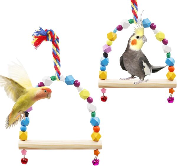 2 Pack Bird Swing, Hanging Colorful Wooden Parrot Perch Stand Toy, Bird Cage Accessories, Suitable for Small to Medium Birds Parrots Parakeets Cockatiels Conure Budgies Love Birds