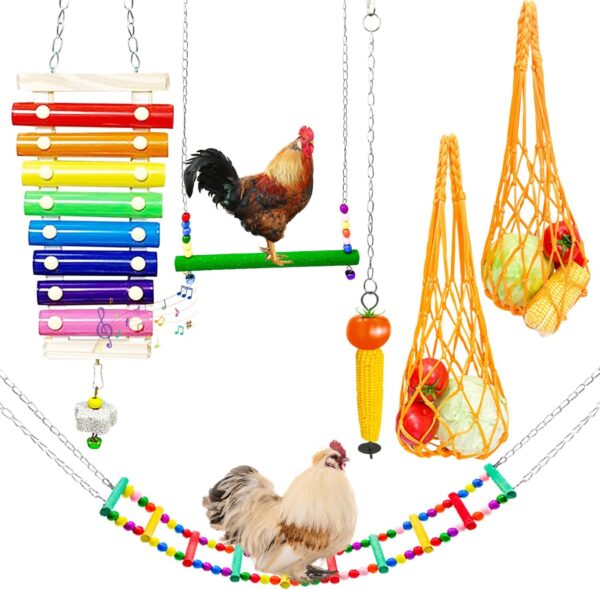 6 Pieces Chicken Toys for Coop Accessories, Chicken Xylophone with Grinding Stone Chicken Swing Flexible Ladder String Bag Vegetable Skewer String Feeder for Hens Parrot Bird