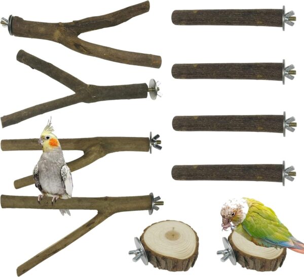 Allazone 10 PCS Natural Wood Bird Perch Stand, Bird Parrot Perch Stand Set, Wooden Parrot Perch Stand Perch Platform Cage Accessories for Parrotlets Cockatiels Budgies Parakeets