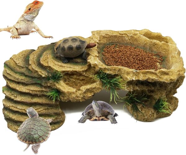 BREUAILY Turtle Basking Platform Large Resin Tortoise Cave Hole Reptile Resting Terrace Shelter Habitat for Bearded Dragon Lizards Fish Amphibians