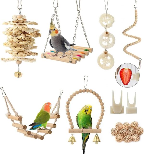 Bird Parrot Toys Swing Hanging,18 Pieces Bird Cage Accessories Toy Perch Ladder Chewing Toys Hammock for Parakeets,Cockatiels,Lovebirds,Conures,Budgie,Macaws,Lovebirds,Finches and Other Small Pets