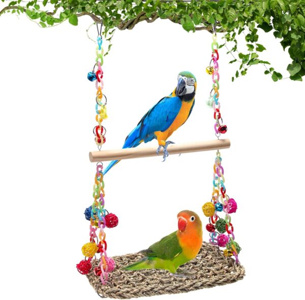 Bird Swing Toys Coolrunner Bird Hammock Bed Hanging Swing Nest Cotton Weave Hemp Rope Bird Seagrass Swing Toys with Colorful Bells Bird Swing Toys for Parakeets, Budgie, Conure, Cockatiel