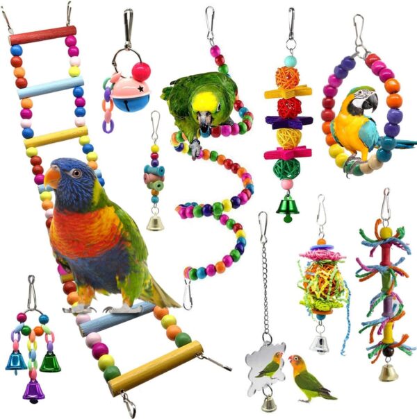 Bojafa Bird Toys For Budgie Parrot Toy - 10 Pack Hanging Budgies Play Stand Perch For Cage Natural Wooden Birds Swing Ladder Large Cockatiel Toy Accessories For African Grey Parrots Conure Parakeet