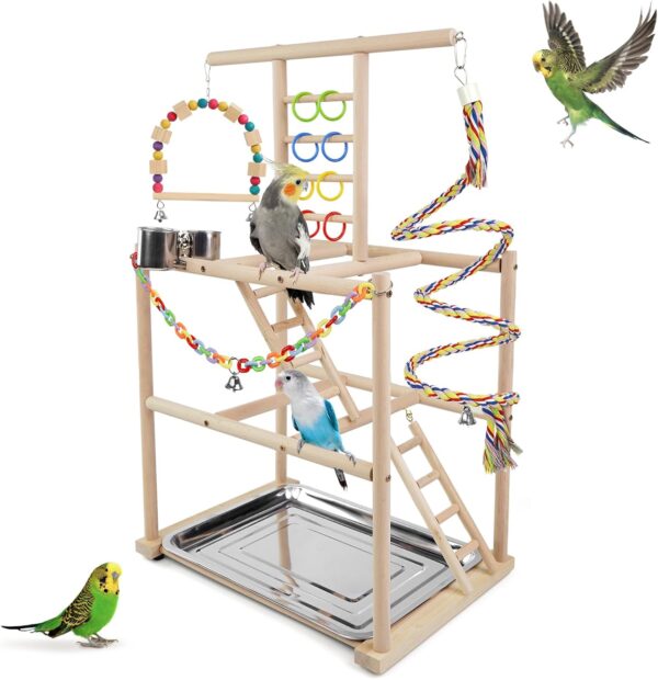 HPWAHOMEPART Bird Playstand,Parrots Playground Perch Wood Stand with 3 Ladders Playgym with Exercise Toys, 2 Revolving-Ladders Swings Feeder Cups Bird Cage Accessories for Conure Cockatiel Lovebirds