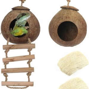 Hamiledyi Gecko Coco Den 2 pcs, Natural Reptile Hideouts Mini Condo for Lizards, Coconut Texture Provide Food for Pets, Raw Coconut Husk Hide with Ladder, Durable Cave Habitat with Hanging Loop