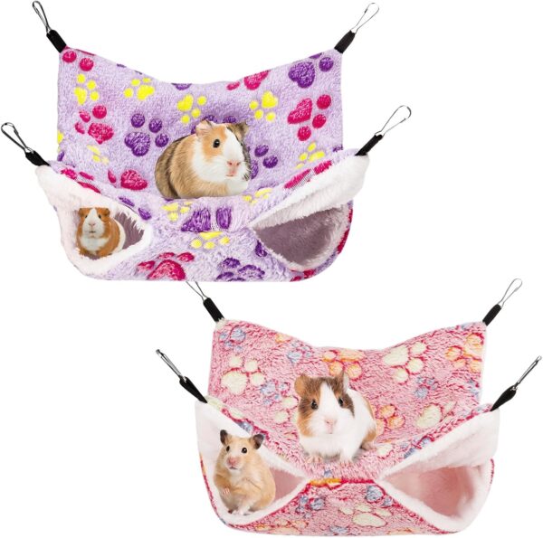 Partideal 2 Pack Double-Layer Pet Cage Hammock, Hanging Bed Cage for Small Animals, Soft Velvet Pet Hammock for Guinea Pig Parrot ferret Squirrel Hamster Rat Toys Playing Sleeping Beds(Pink, Purple)