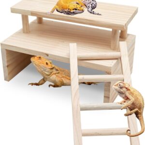 Reptile Hide Cave, Wooden Double Layer Reptile Hideout with Climbing Ladder, Cage and Aquarium Accessories, Habitat Decor for Lizards Leopard Geckos Bearded Dragons Corn Snakes Hamsters Gerbils Rats