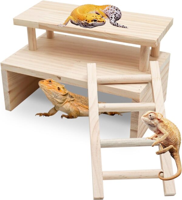 Reptile Hide Cave, Wooden Double Layer Reptile Hideout with Climbing Ladder, Cage and Aquarium Accessories, Habitat Decor for Lizards Leopard Geckos Bearded Dragons Corn Snakes Hamsters Gerbils Rats