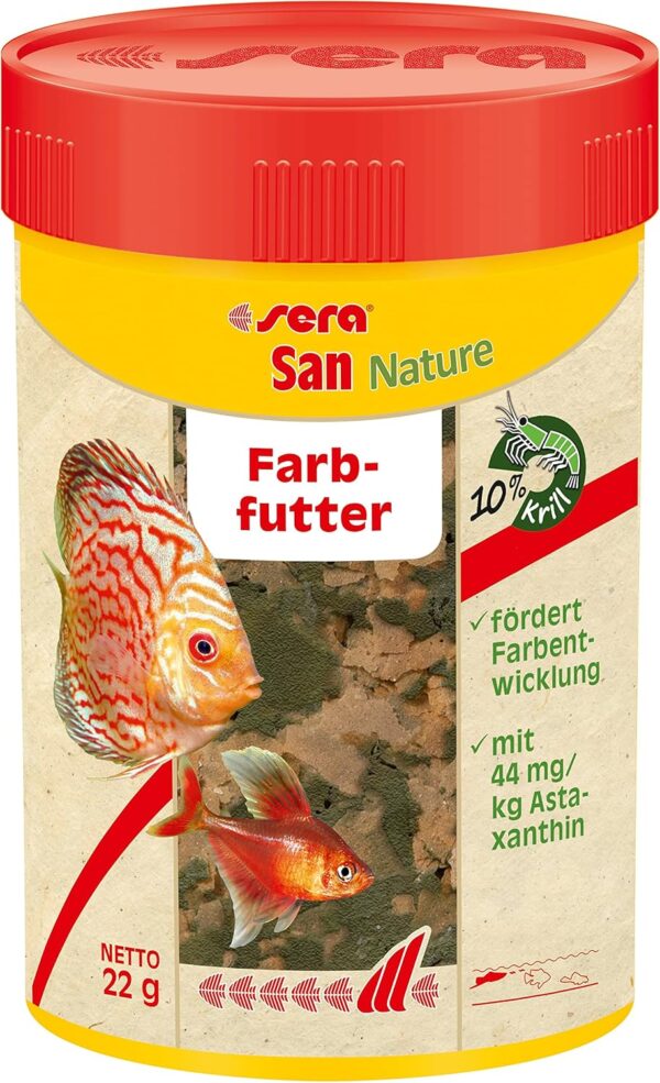 Sera San Nature 100 ml - Colour Food made of flakes with 10% krill for natural colour development, flake food for aquarium, fish food with high feed, useable fish food (and therefore less algae)