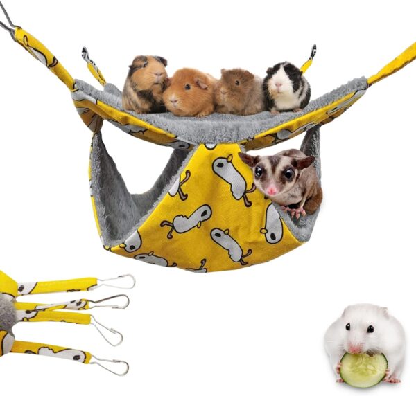 Yellow Pet Cage Hammock, Hamster Hanging Bed Plush Sugar Glider Cage Chinchilla Swing Nest Guinea Pig Nap Warm Ferrets Hideout Accessories Toy for Small Animals Rat Rabbit Squirrel